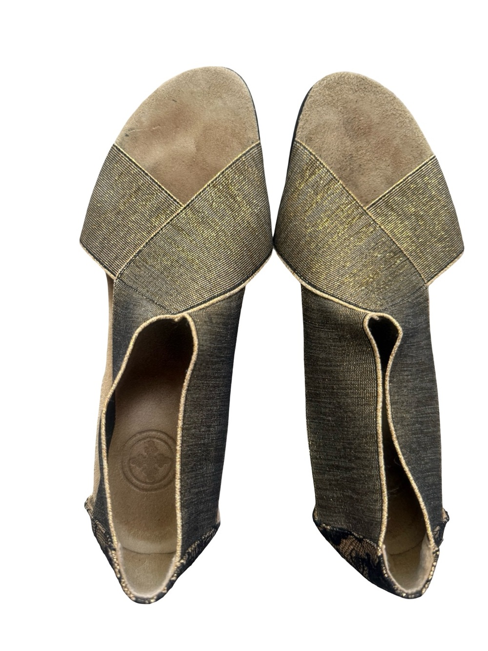 CHARLESTON SHOE CO. Gold Metallic Crossband Slip-On Heels